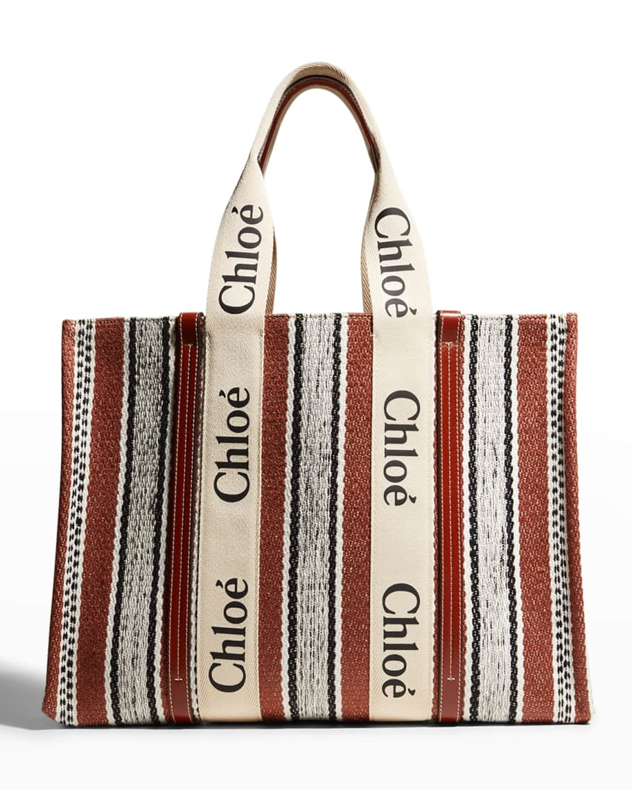 Chloe Woody Large Striped Linen Tote Bag | Neiman Marcus
