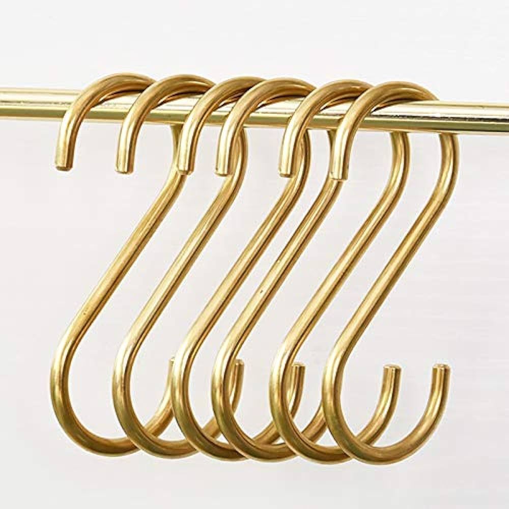 6 Pieces, Brass S Shaped Hooks, Gold Coat Clothes Towel Hangers, Kitchen Pots Pans Coffee Cups Ra... | Amazon (US)