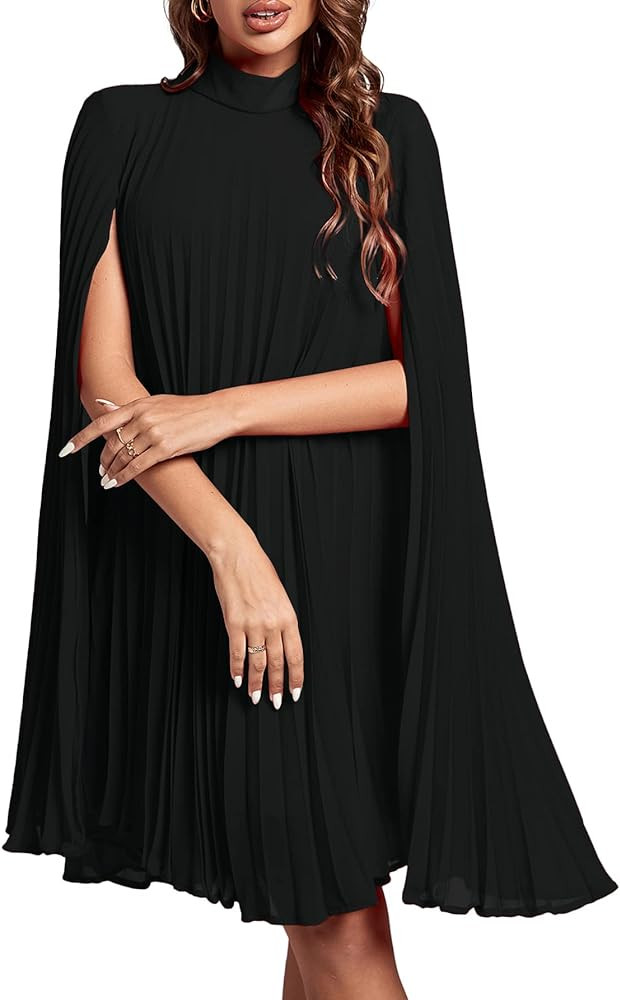 Rooscier Women's Mock Neck Cloak Sleeve Pleated Keyhole Back Flowy Party Midi Dress | Amazon (US)