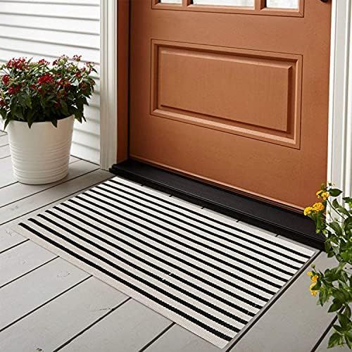 Black/White Striped Outdoor Rug 2' x 3', KIMODE Cotton Hand Woven Welcome Entryway Doormat, Washa... | Amazon (US)