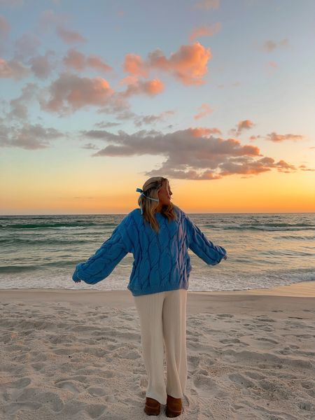 cozy knit outfit all from pretty little things, the cutest blue knit chunky sweater paired with knit cream pants 

#LTKSeasonal #LTKfindsunder50