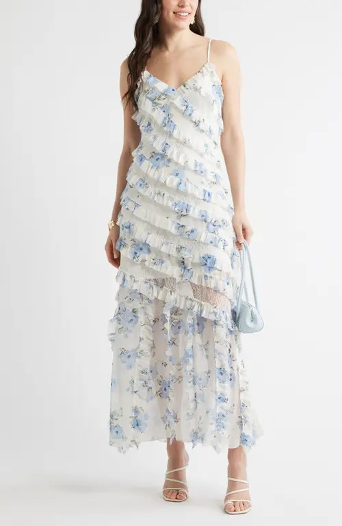 Chelsea28 Ruffle & Lace Sleeveless Maxi Dress in Blue Floral at Nordstrom, Size Small | Nordstrom