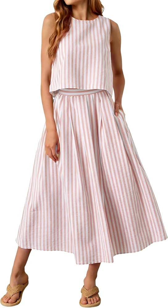 Womens Casual 2 Piece Skirt Set Striped Sleeveless Tank Back Button Top Midi Dress Travel Vacatio... | Amazon (US)