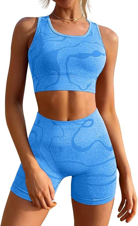 GXIN Women's Workout 2 Piece Outfits High Waist Running Shorts Seamless Gym Yoga Sports Bra | Amazon (US)