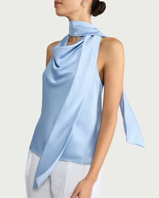 F&F Satin Cowl Scarf Neck Blouse in Blue | Tesco F&F