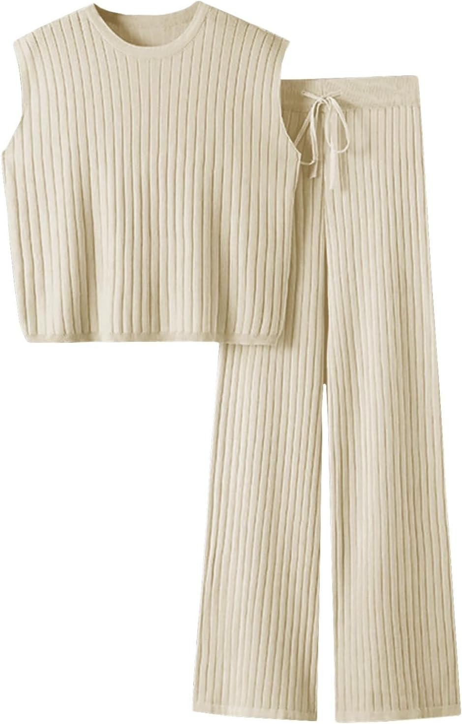Imily Bela Womens 2 Piece Outfits Sleeveless Ribbed Knit Tops Wide Leg Pants Summer Vacation Sweater Matching Lounge Sets | Amazon (US)