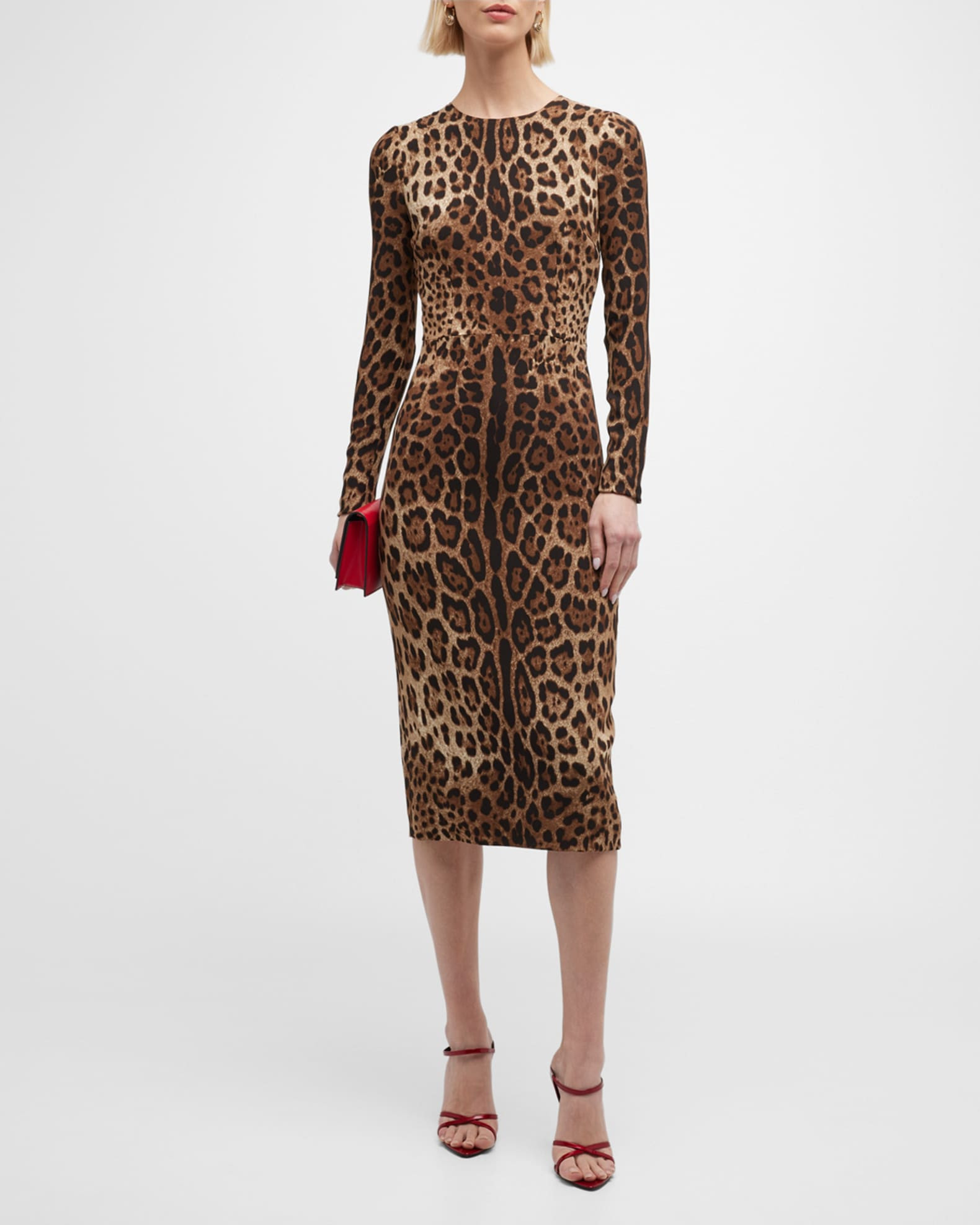 Leopard-Print Long-Sleeve Midi Dress | Neiman Marcus