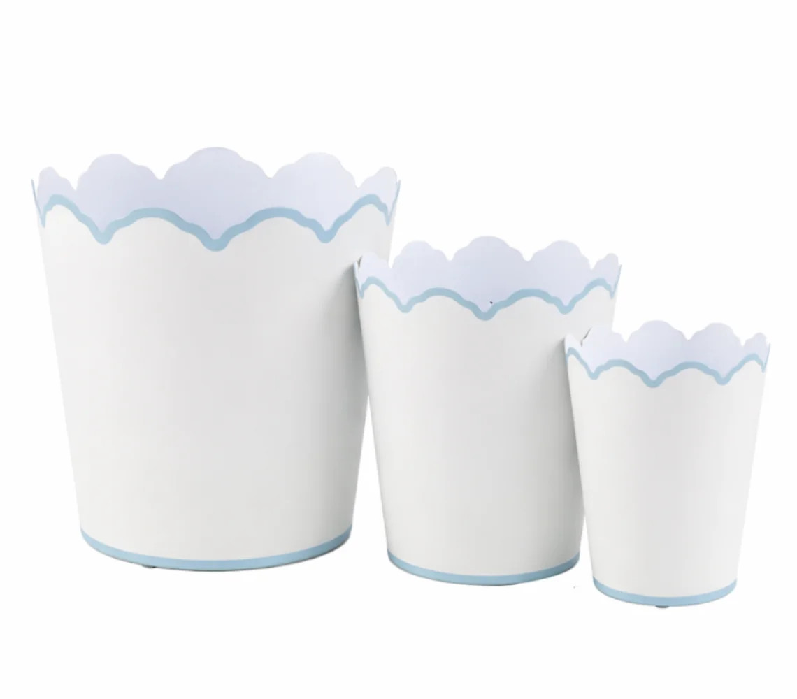 White & Pale Blue Scalloped Bucket Wastepaper Basket & Planter, Medium | Wayfair North America