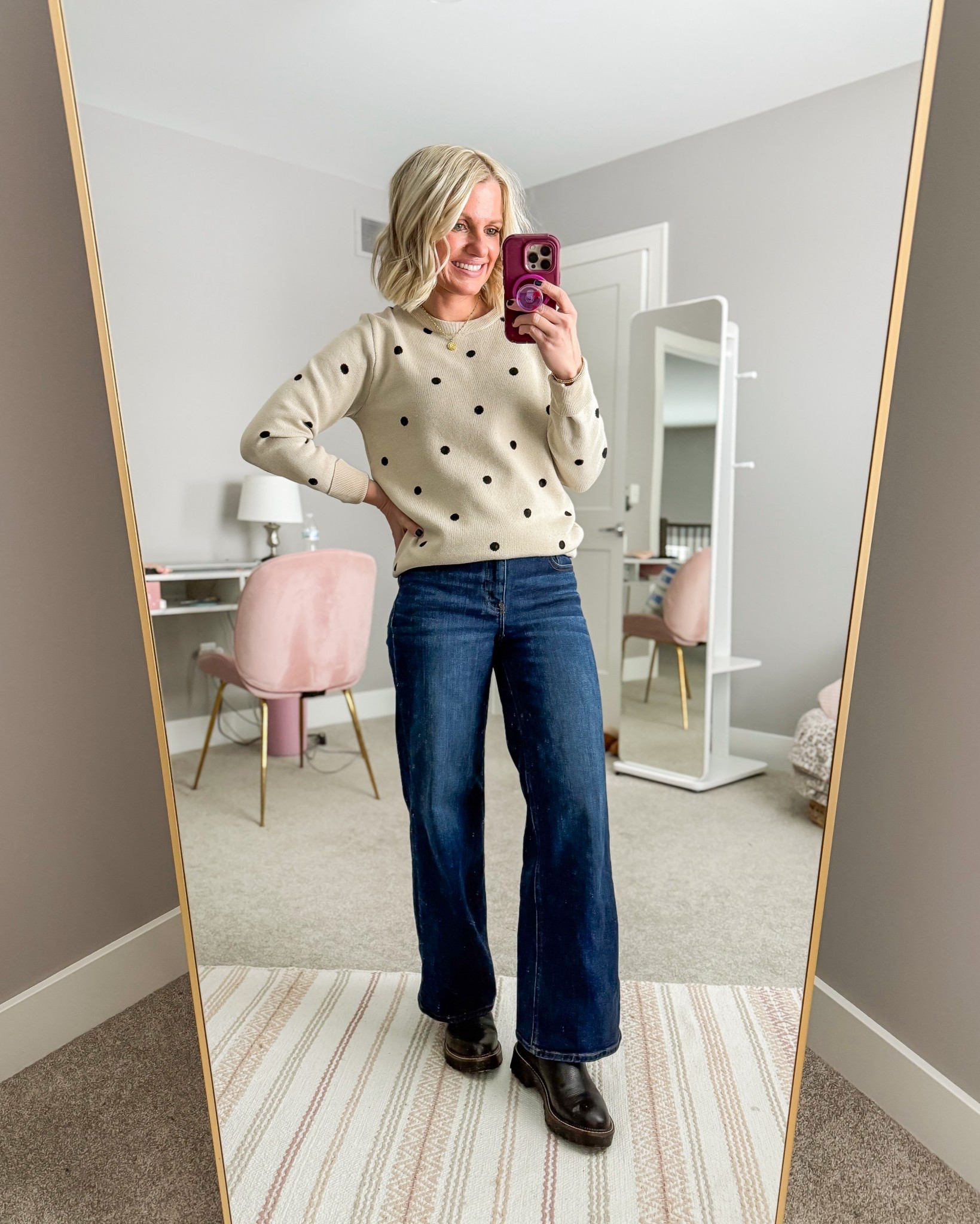 What I wore this week. Polkadot sweater paired with wide leg dark jeans.👖 
Sweater small || jeans, 25/28”

#LTKPetite #LTKootd #LTKOver40
