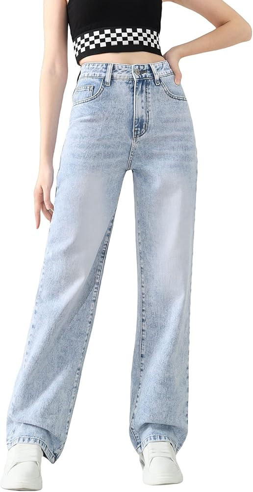 MakeMeChic Girl's Denim Pants High Waisted Straight Leg Jeans with Pockets | Amazon (US)
