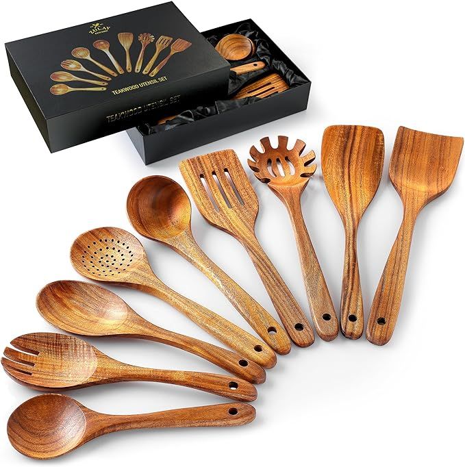 Zulay Kitchen 9-Piece Teak Wooden Utensils for Cooking - Natural Teak Utensil Set with Premium Gi... | Amazon (US)