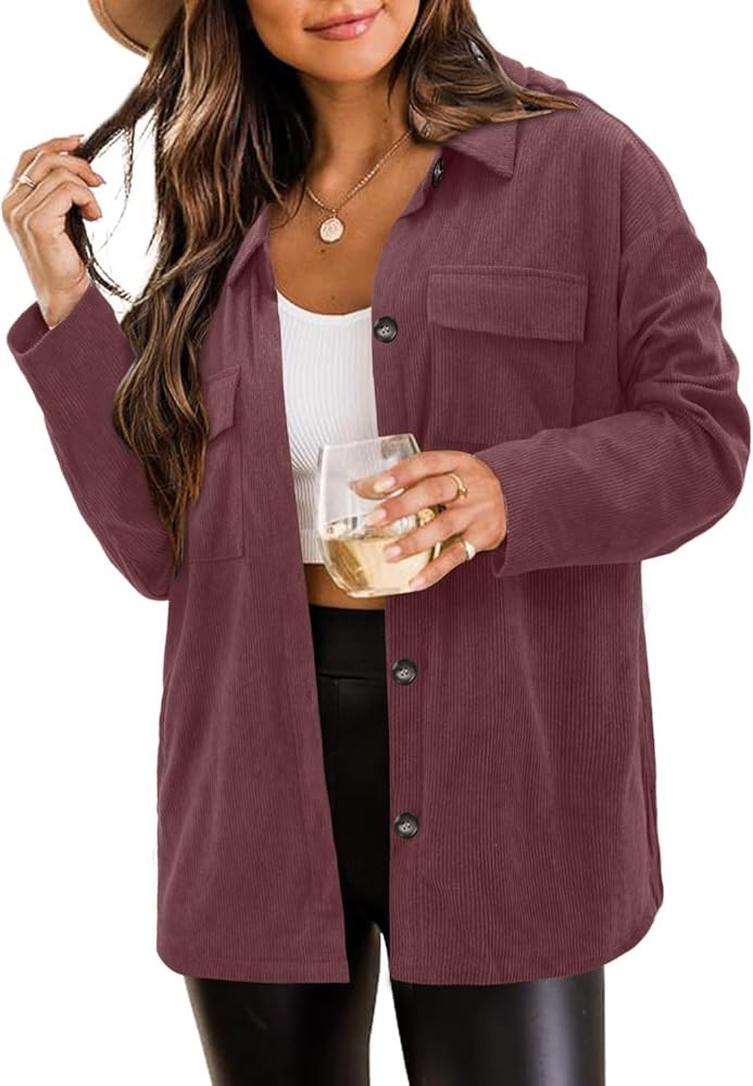 ZOLUCKY Womens Shackets Jacket Plus Size Long Sleeve Button Down Shirts Blouses Tops | Amazon (US)