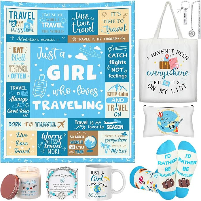 Potchen 9 Pcs Travel Gifts Set for Women Blanket Coffee Mug Socks Makeup Bag Canvas Bag Compass B... | Amazon (US)