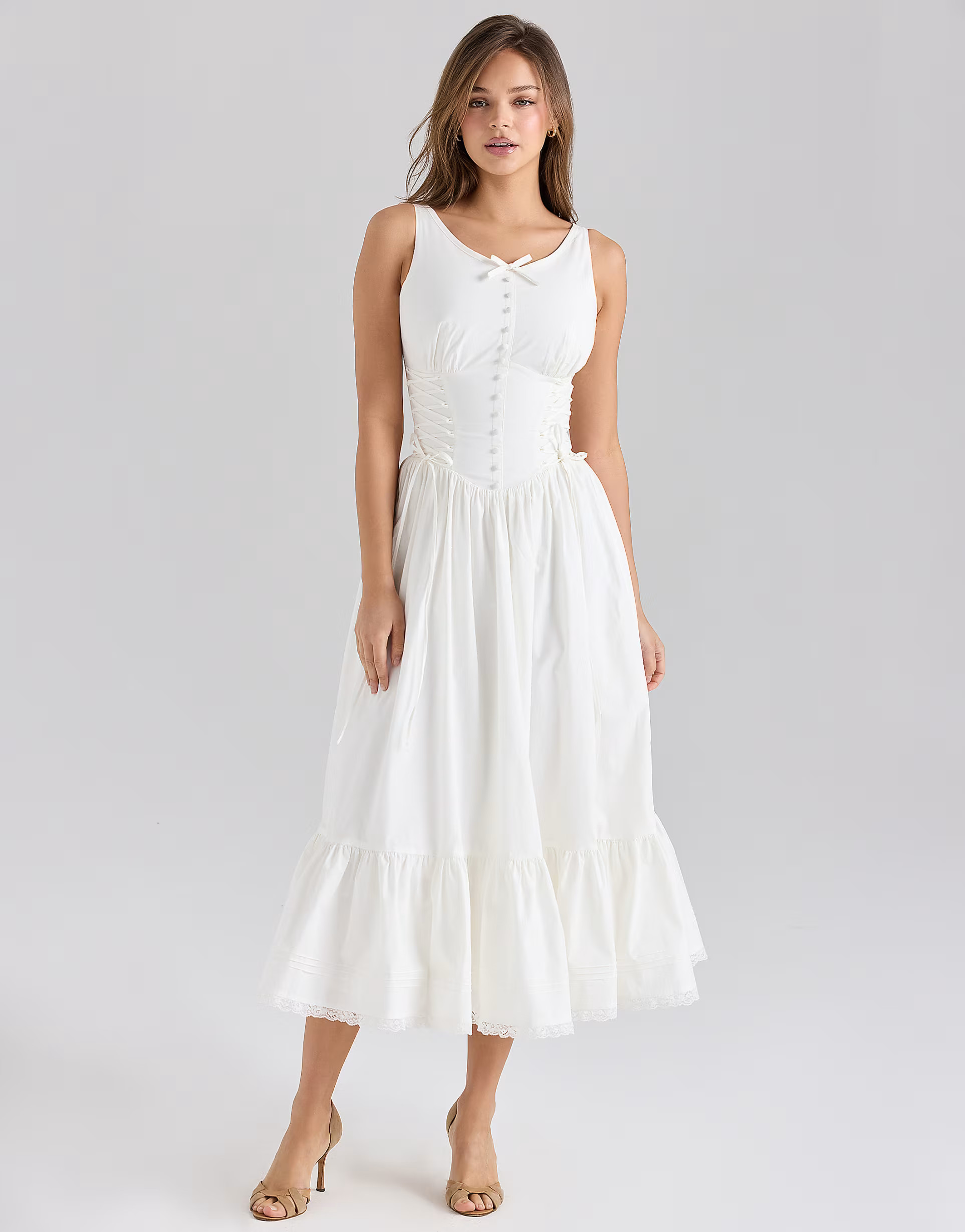 House of CB Sienna stretch cotton lace up midi dress in white | ASOS (Global)
