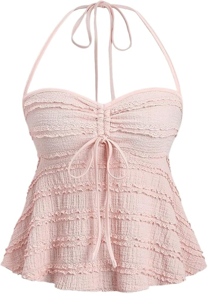 SHENHE Women's Y2K Babydoll Top Lace Trim Halter Neck Tie Front Strapless Peplum Tops Summer Goin... | Amazon (US)