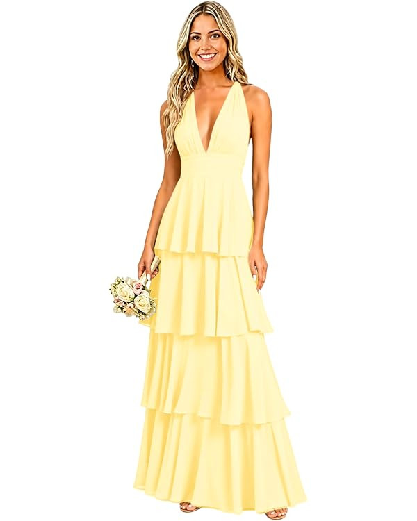 Tiered Chiffon Bridesmaid Dresses Halter V Neck Sleeveless Long Formal Wedding Guest Dresses | Amazon (US)