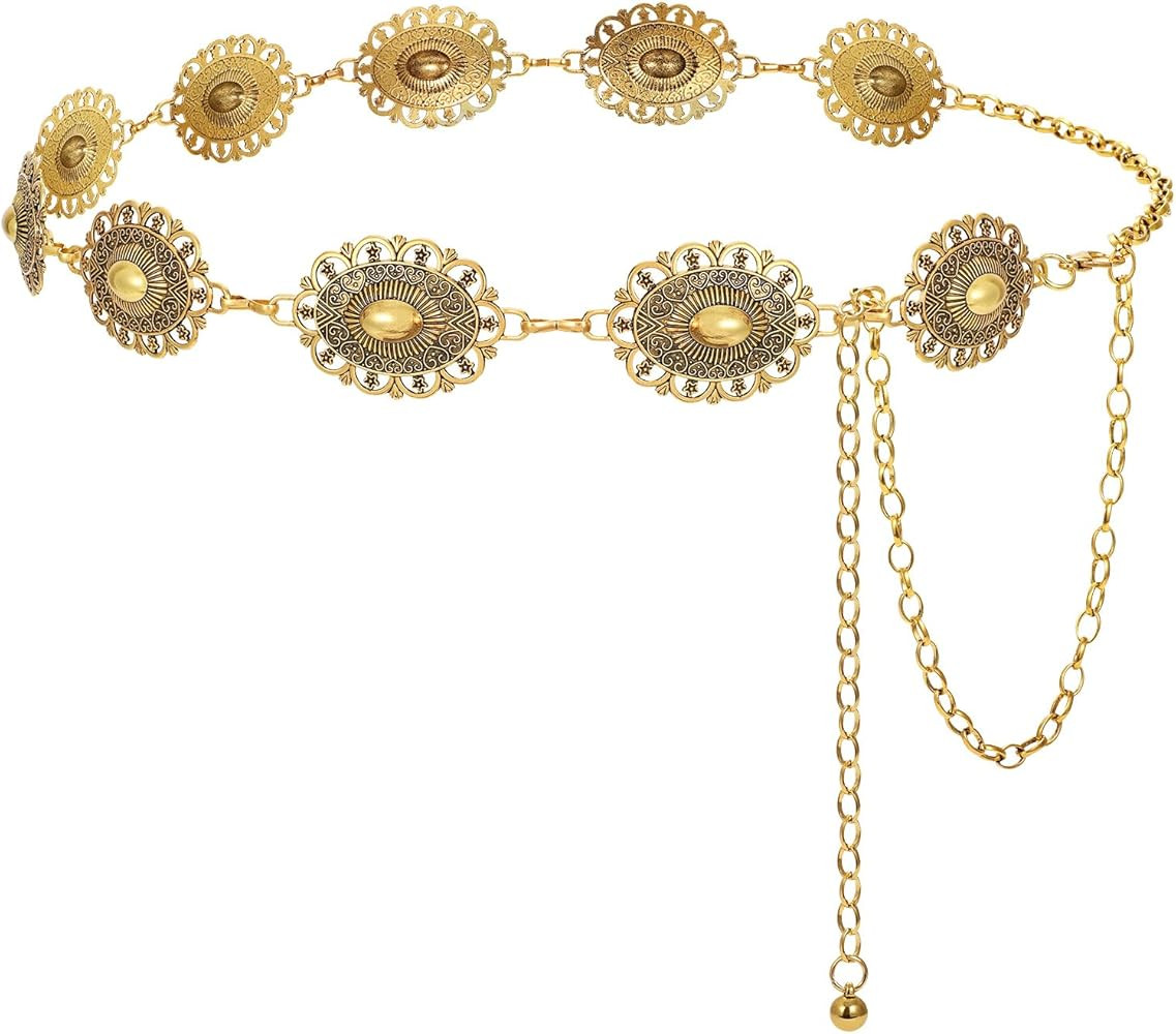 LEACOOLKEY Western Metal Concho Belt for Women Cowgirl Boho Waist Chain Belt for Dresses Jeans Pa... | Amazon (US)