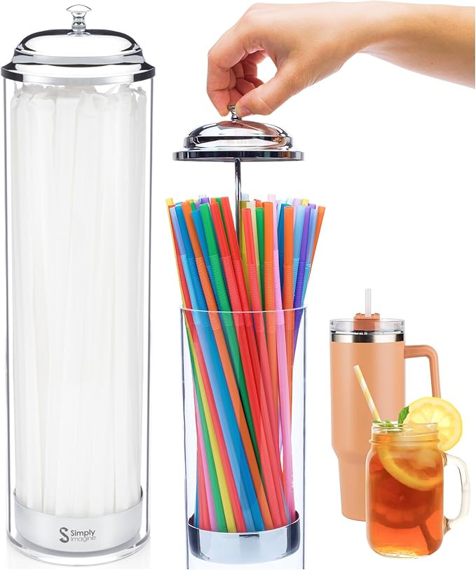 Tall Acrylic Straw Holder - 11.5 Inch, Metal Base & Lid, Pack of 20 - Straw Dispenser for Counter... | Amazon (US)