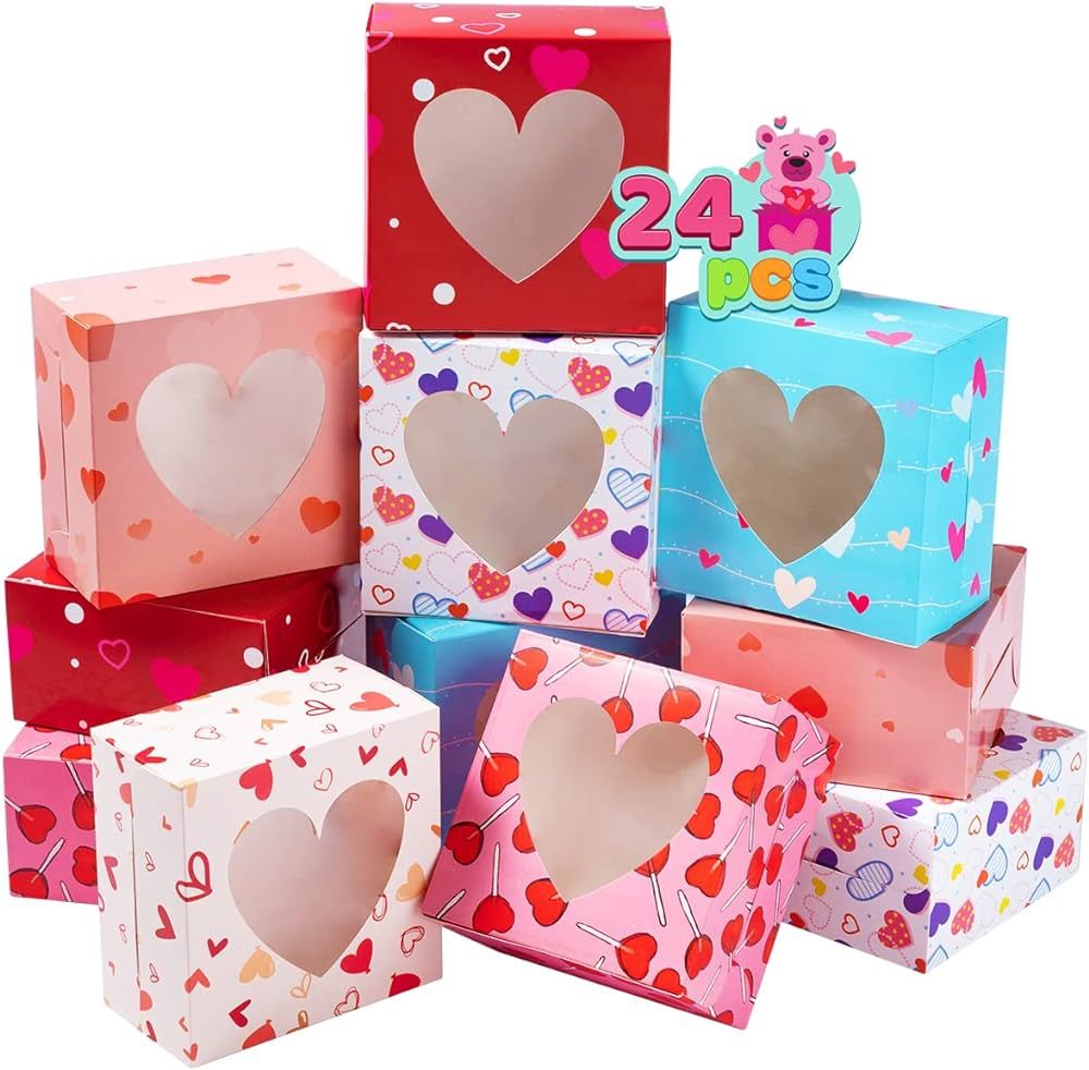 JOYIN 24 Pcs Valentine’s Day Bakery Treat Boxes Valentines Cupcake Boxes Cookie Boxes with Wind... | Amazon (US)