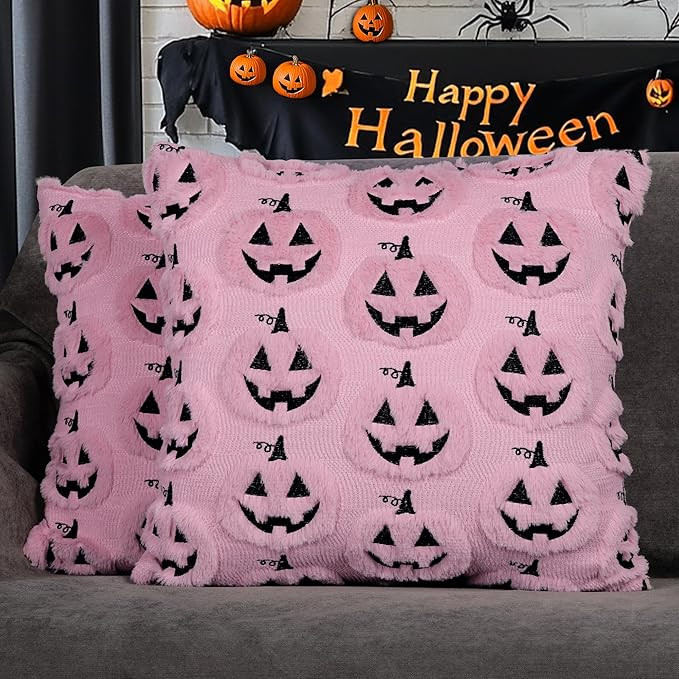 4TH Emotion Halloween Pumpkin Decorative Pillow Covers 18x18 Set of 2, Pink Soft Plush Faux Fur F... | Amazon (US)