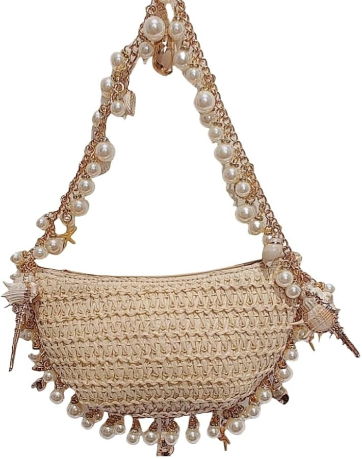 Pearl woven women's handbag: fashionable beach bag, women's shoulder crossbody bag, seaside style... | Amazon (US)