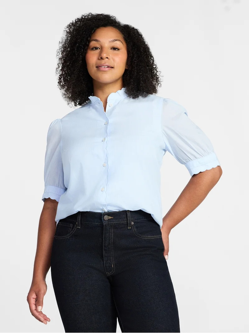 Time and Tru Women's Cotton Scalloped Edge Blouse with Short Sleeves, Sizes XS-XXXL | Walmart (US)