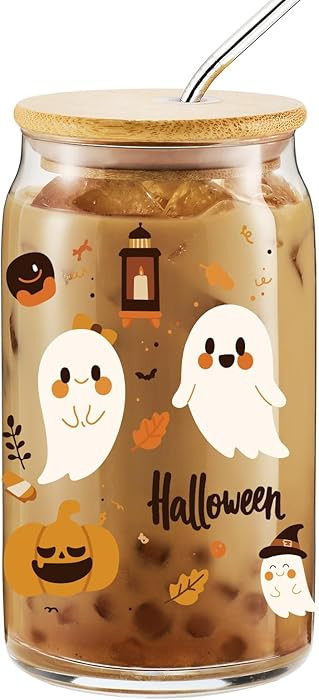 Halloween Pumpkin Ghost Fall Cup,Coffee Glass Tumbler,Spooky Glass Cups w/Lids Straws, Goth Spook... | Amazon (US)