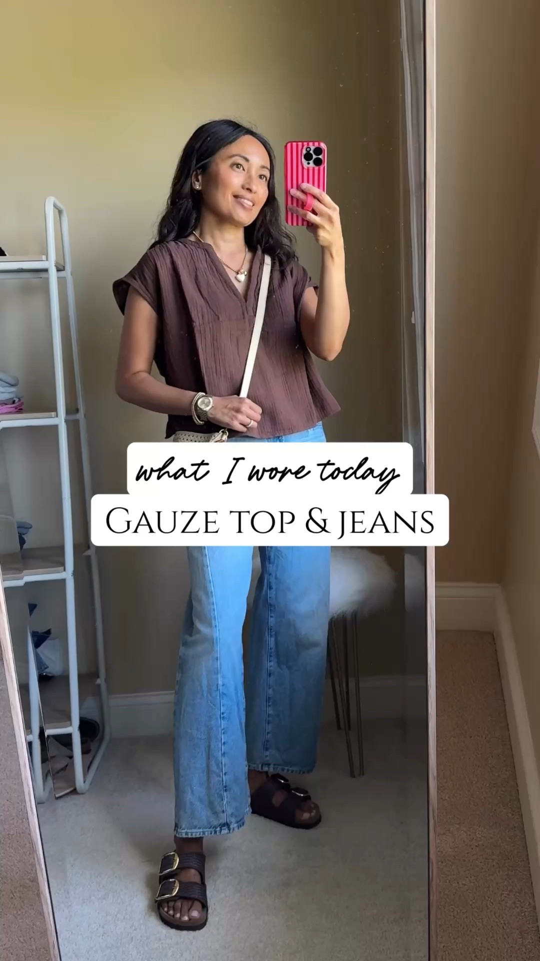 What I wore today: gauze top and jeans. 
- I love the comfort and easy style of a cotton gauze piece. This exact top is currently on sale for $15. One of my favorites to pick up as I need them year after year.  True to size. 
- Barrel jeans with ankle length that makes it good for warmer months. I size up. Exact wash: I confess. 
- New texture in my favorite Birkenstock style that I got for Spring Break. Chic combo of raffia texture and big gold buckle.
- I am trying to branch out with my sunglasses style and I like these oval lenses. Great quality too. I also have and love in black. 
- Favorite chunky charm necklace from last year. Customizable. 
- Elastic bracelets with colorful little charms. 
- Woven crossbody bag with tortoise chain accessory  

#LTKOver40