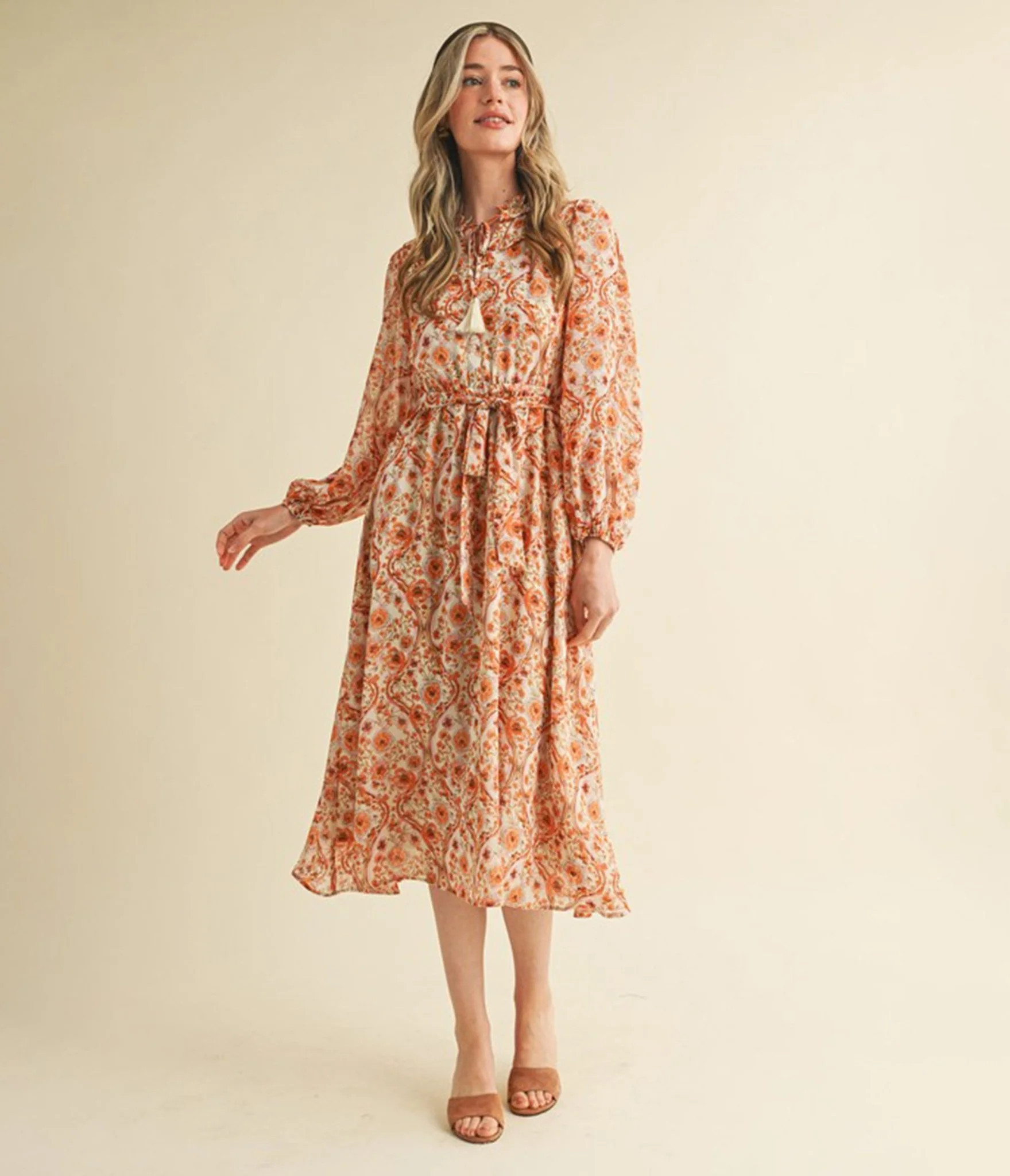 Cream & Floral Print Belted Midi Dress | Unique Vintage - North America