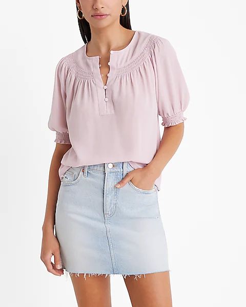 Smocked Short Puff Sleeve Half Button Up Top | Express