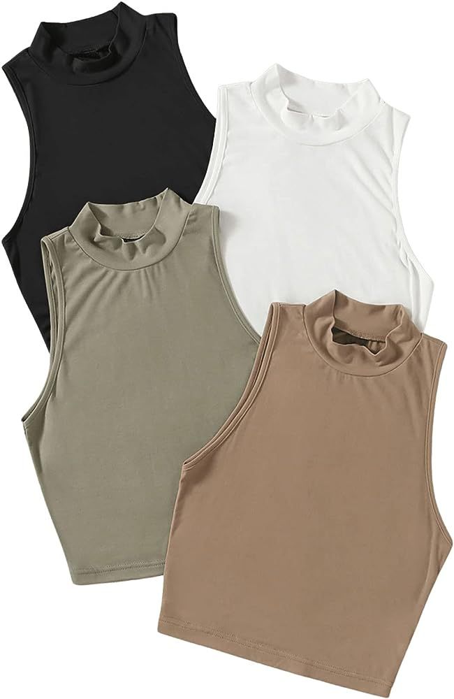 SweatyRocks Women's 4 Pieces Basic Tank Tops Mock Neck Solid Ribbed Knit Pullover Top | Amazon (US)