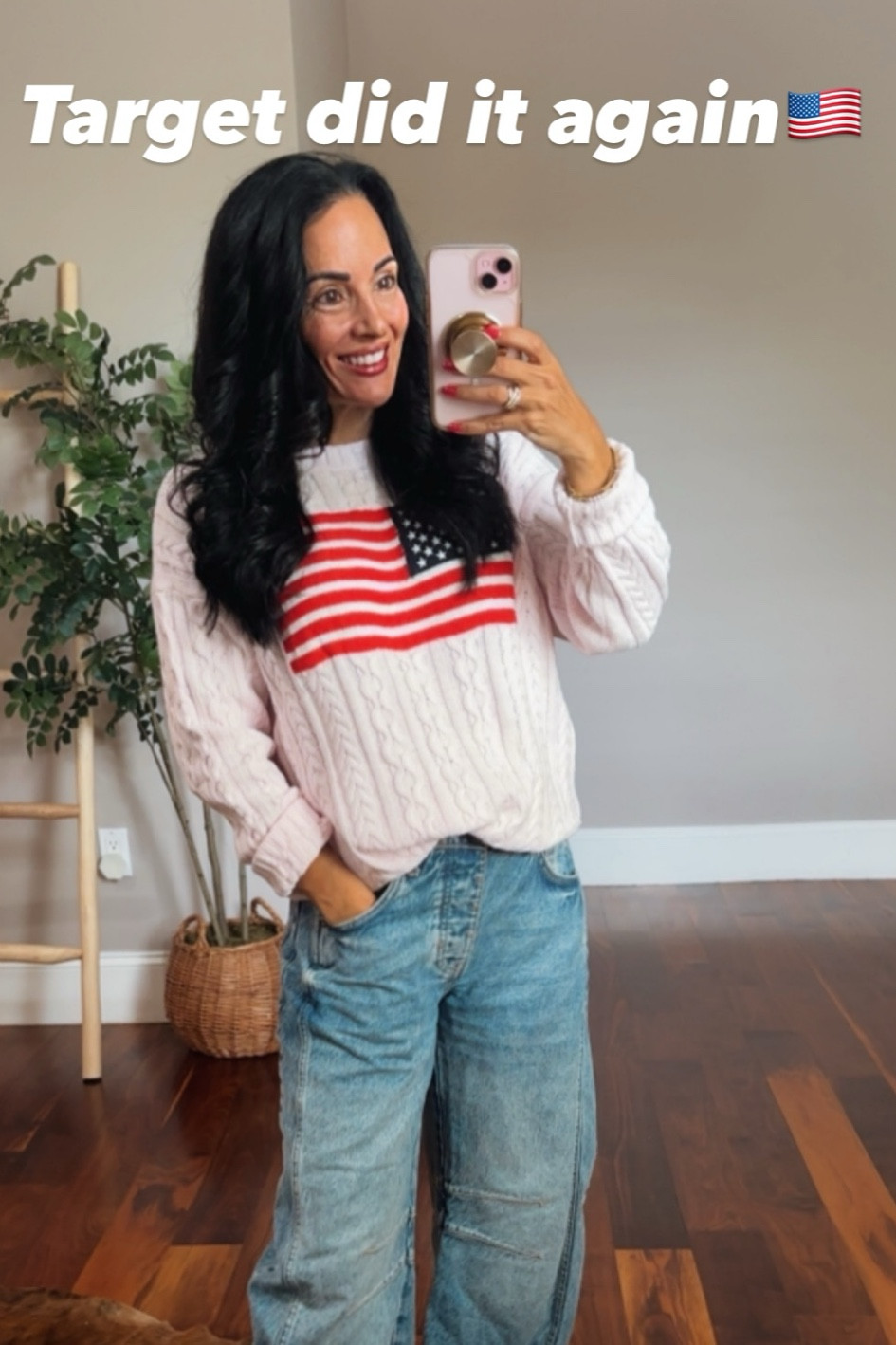 Flag sweater 
Barrel jeans 

#LTKootd #LTKOver40 #LTKSeasonal