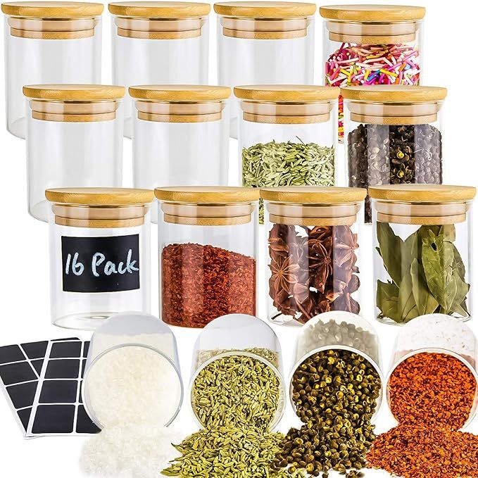 16 Pack Glass Jars with Lids, Airtight Bamboo Lids Spice Jars Set For Spice, Coffee, Beans, Candy... | Amazon (US)