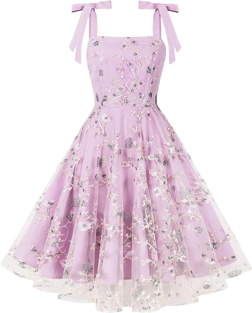 IMEKIS Women Square Neck Tie Strap Tulle Prom Dress Vintage Embroidered Floral Formal Evening Par... | Amazon (US)