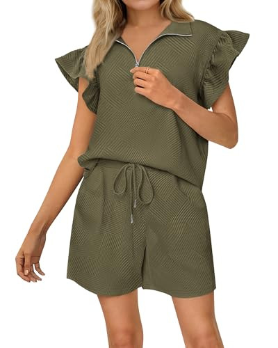 BTFBM Womens 2 Piece Outfits Spring Sweatsuit Zipper V Neck Casual Ruffle Cap Sleeve Tops Drawstr... | Amazon (US)