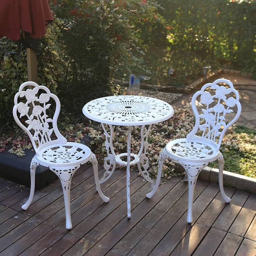 C/G 3-Piece Bistro Set - Outdoor Patio Table Set, Anti-Rust Cast Aluminum, White | Amazon (US)