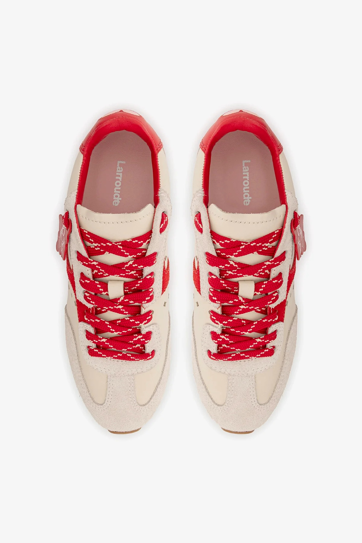 Stella Amore Sneaker In Ivory Leather and Scarlet Suede | Larroude