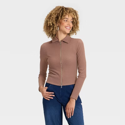 Women's Long Sleeve Brushed Ribbed Polo Zip-Up Jacket - A New Day™ Brown XL | Target