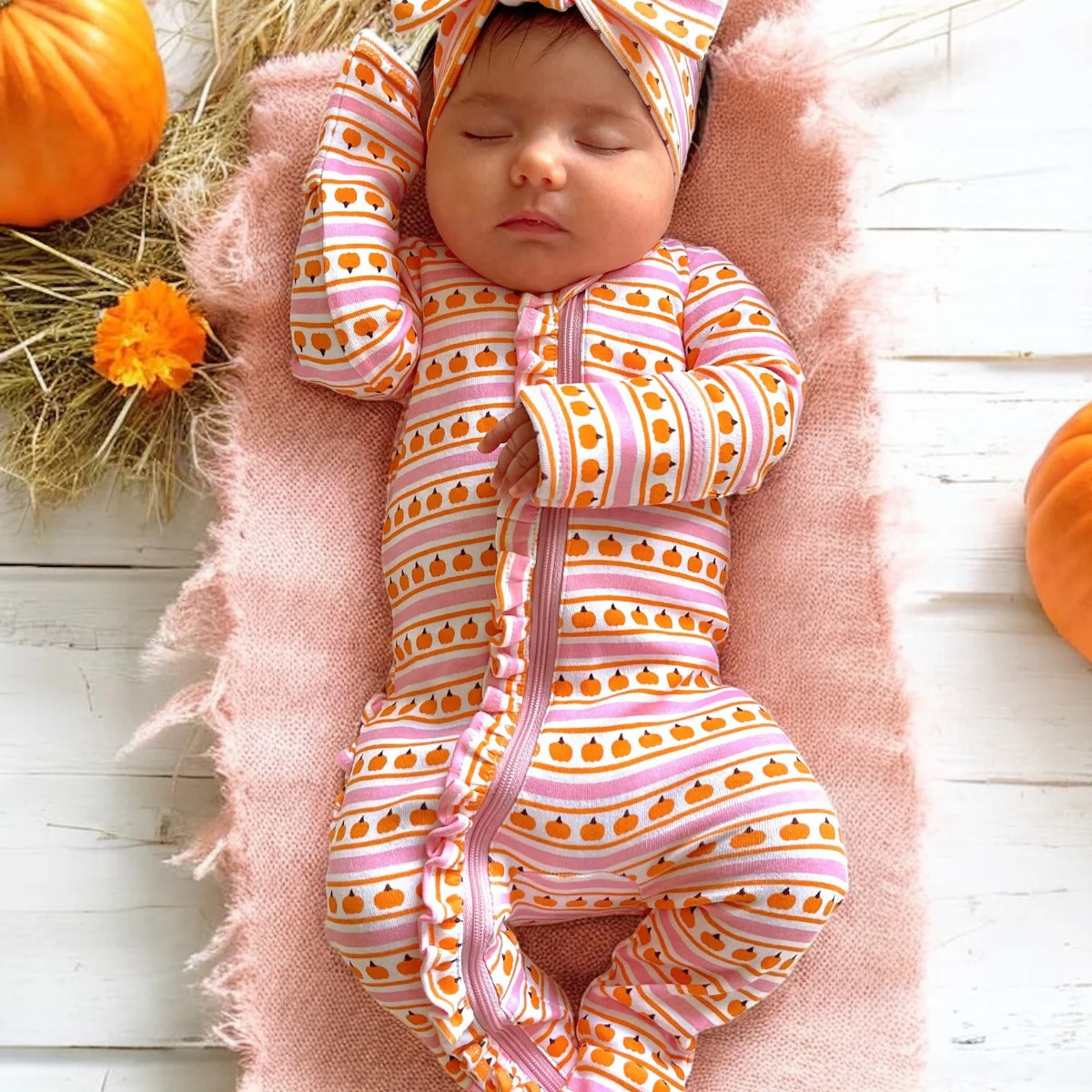 Pumpkin Stripe Pink / Organic Frill Zip Footie | SpearmintLOVE