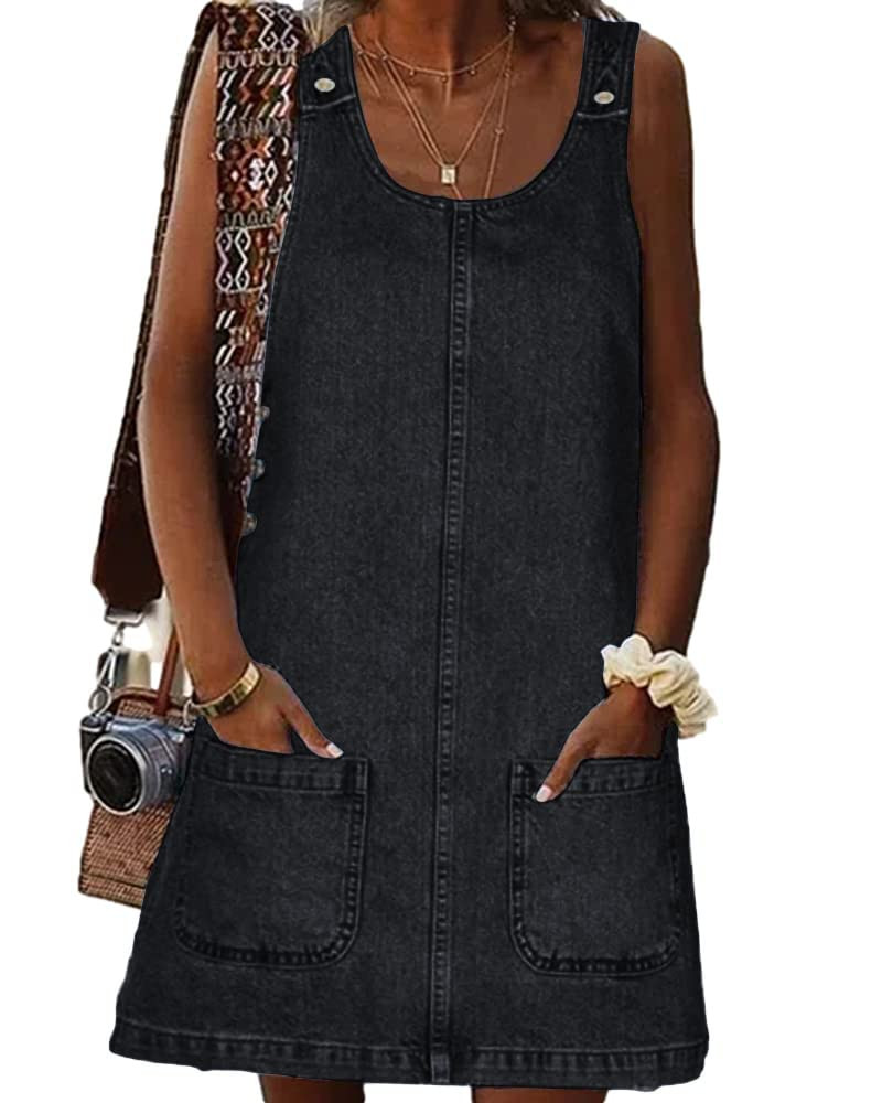 BZB Women's Sleeveless Casual Denim Dress Crewneck Vintage Loose Jean Overall Dress with Pockets | Amazon (US)