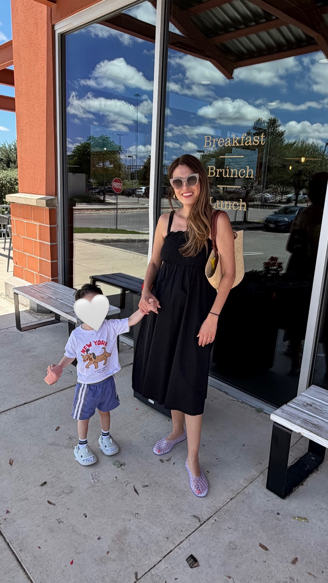 Lunch with the kiddo and my parents! Wearing my go-to "don't know what to wear" dress. Just added some jelly flats, a cute basket bag, and gold hoops for that easy chic vibe. The dress is from Topshop but linked a similar dress.

#LTKootd