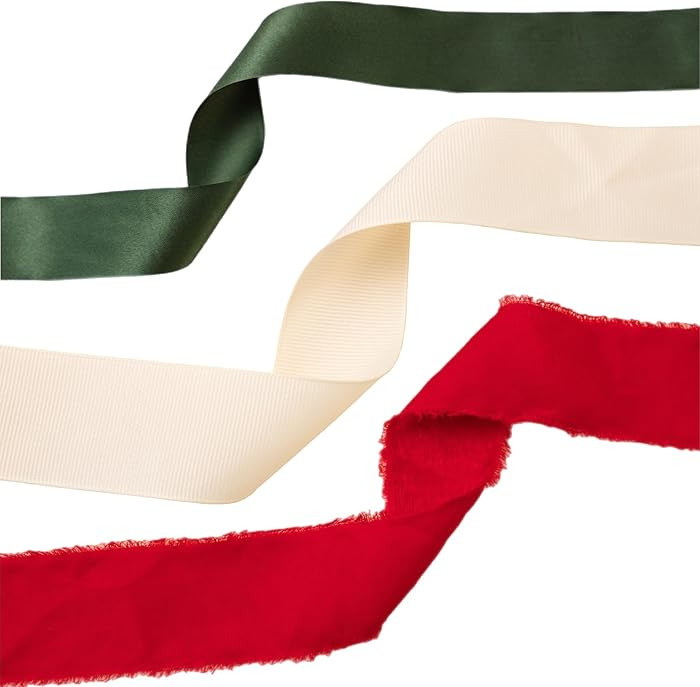 Christmas Gift Wrapping Ribbon Set, 3 Rolls, 60 Yards Total, Red Frayed Velvet, Green Satin & Cre... | Amazon (US)