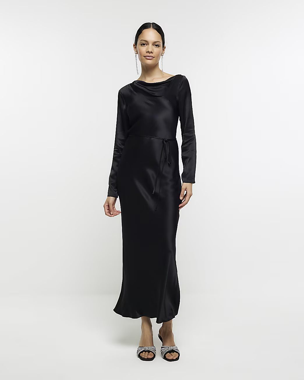 Black satin tie waist maxi dress | River Island (UK & IE)
