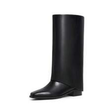 Modatope Mid Calf Boots For Women Fold Over Boots Square Toe Flat Boots Slouch Riding Boots Slip On Shark Boots | SHEIN