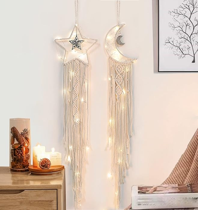 Dream Catchers, Star Moon Dream Catcher with Lights- Macrame Dreamcatcher Bedroom Wall Decor, Gir... | Amazon (US)