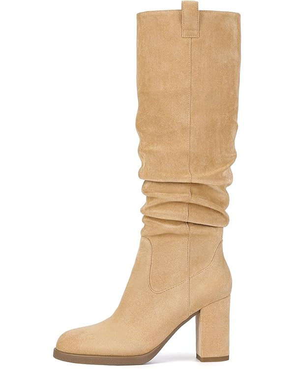Suede Knee High Boots for Women - Tall Chunky High Heel Dress Boot with Side Zipper, Round Toe Ru... | Amazon (US)