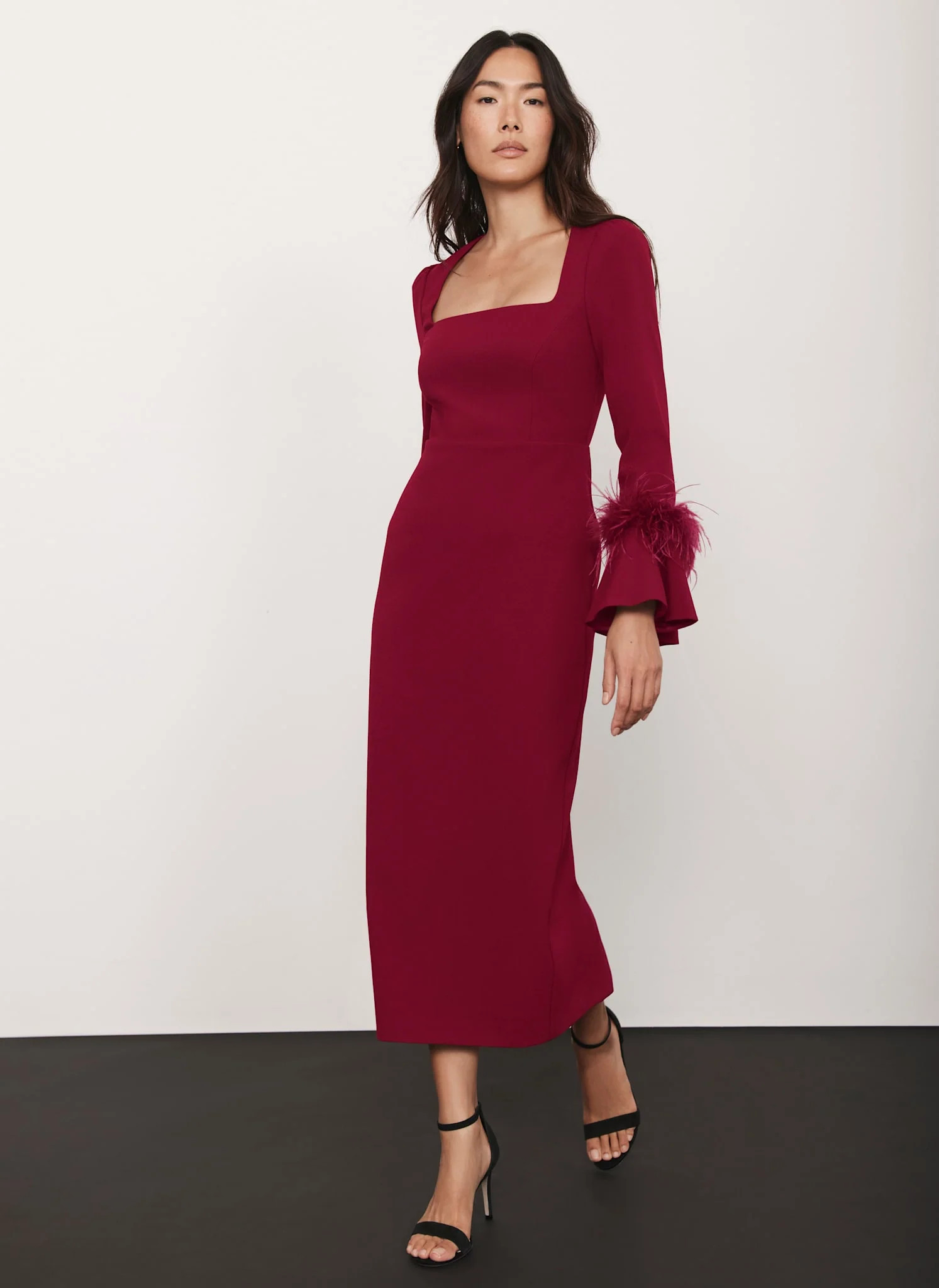 Red Feather Trim Midi Dress | Mint Velvet
