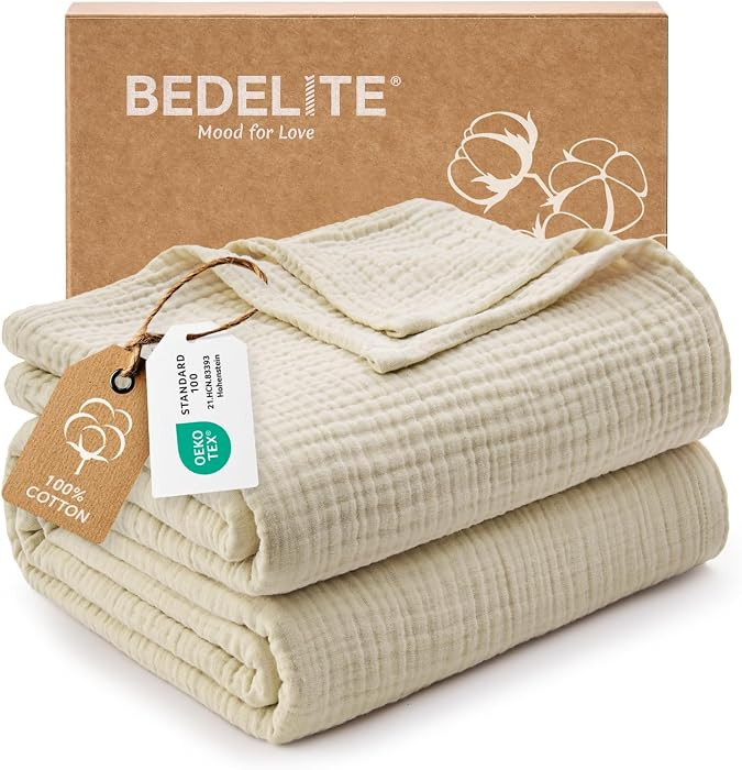 BEDELITE 100% Cotton Muslin Blanket for Adults, Breathable, Beige, 90"x90" | Amazon (US)