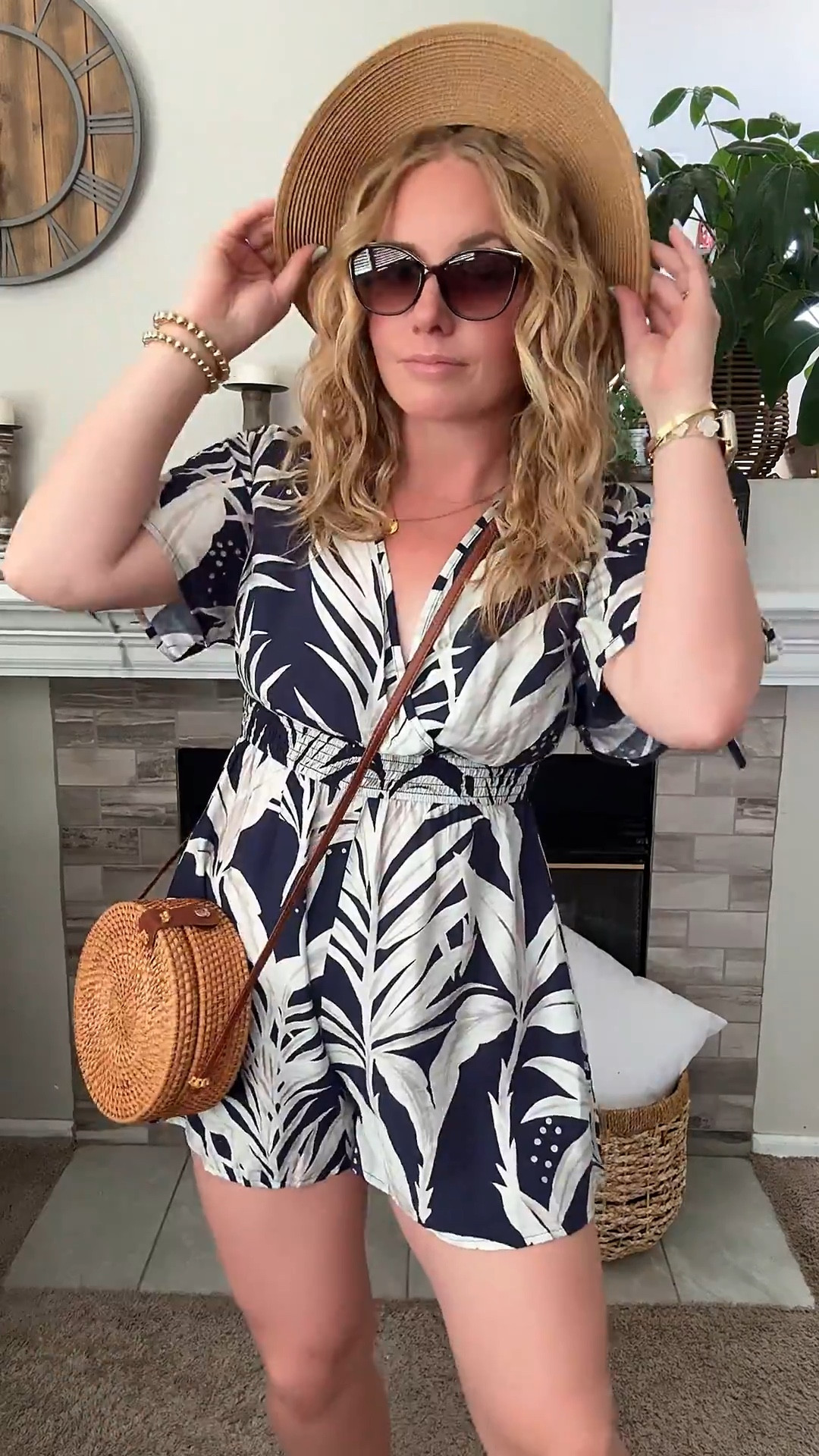 Beach vacation outfit idea — navy and white tropical romper, round rattan purse, platform sandals, and sun hat





vacation outfits, tropical outfits, beach outfits, beach clothes, resort wear 2026, summer outfits, beach vacation outfit, summer date night, summer romper

#LTKPetite #LTKTravel #LTKootd