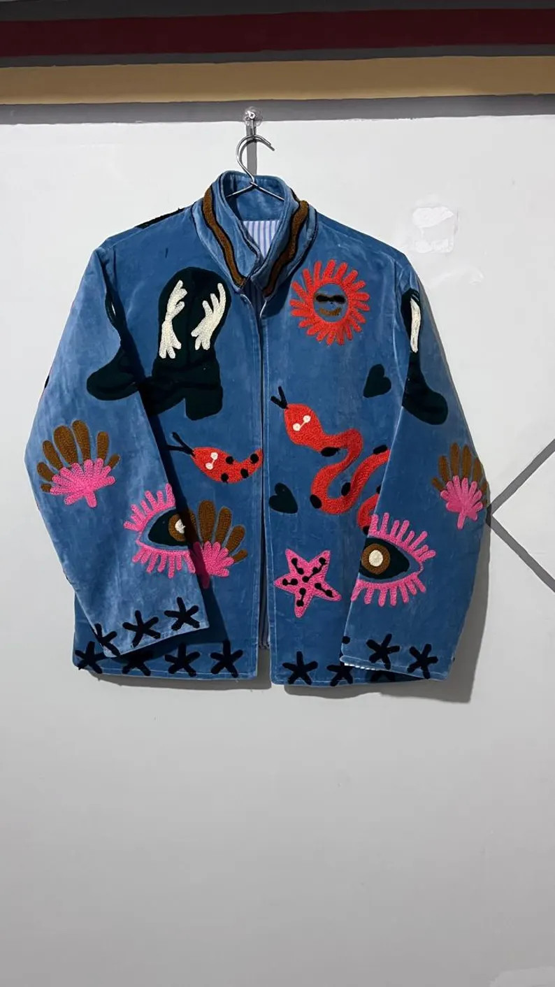 Jacket Handmade Suzani Velvet, Boho Embroidered snake design Coat | Etsy (US)